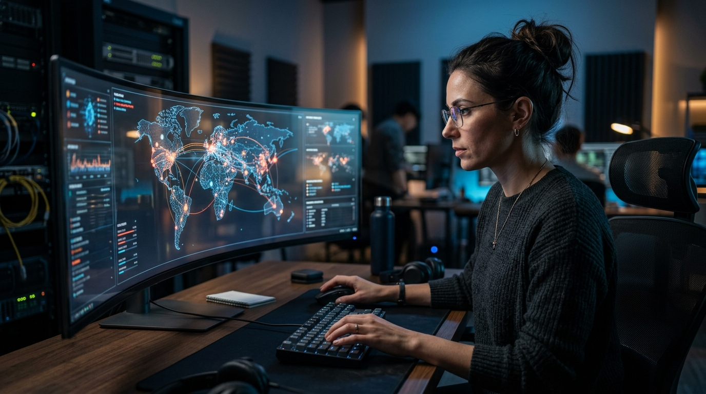 Cybersecurity specialist utilizing AI Threat Intelligence tools to monitor network traffic and prevent cyber attacks
